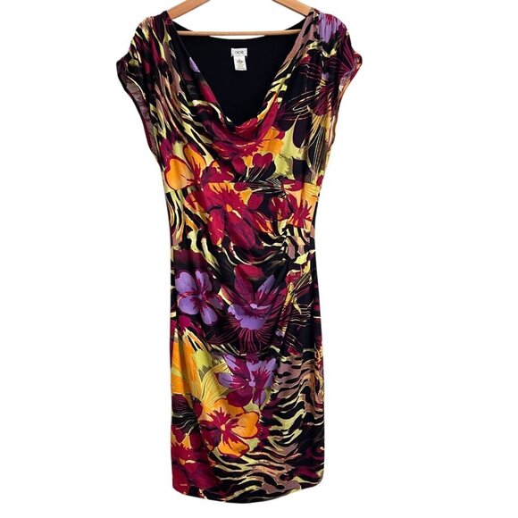 Y2K Cache Women Floral Cowl Neck Dress L Tropical Jungle Print Bodycon Vacation - Picture 1 of 6